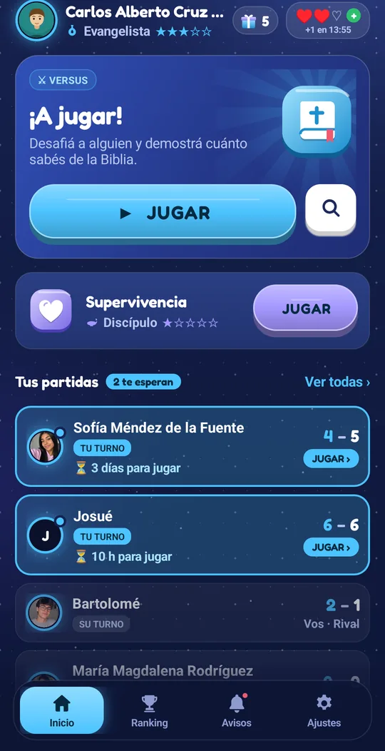 Pantalla de inicio con tus partidas